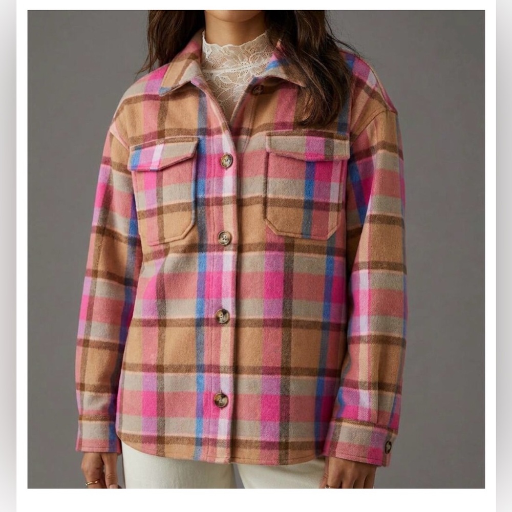 Avec Les Filles Anthropologie Pink, Camel, Blue Button Front Plaid Shacket Sz XS